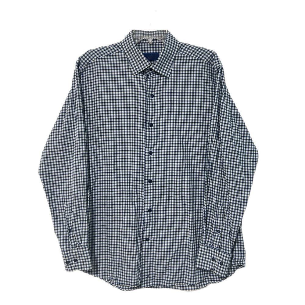 David Donahue Button Down Dress Shirt Mens Large Blue Gray Check Business